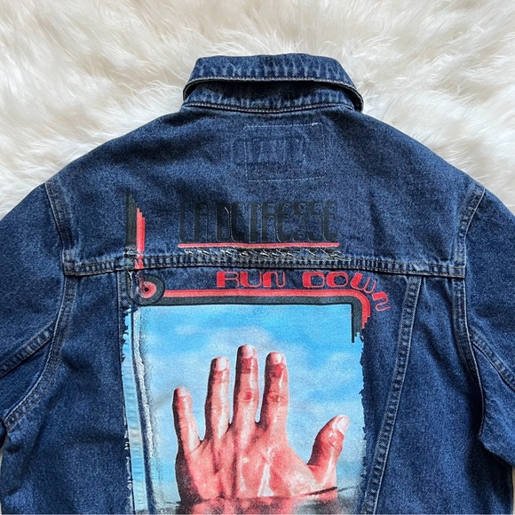 New! LA DETRESSE Logo Amnesia Retro Style Oversized Hand Print Denim Jacket - Picture 5 of 8